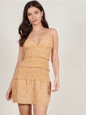 Lush Floral Yellow Orange Smocked Dress Sz. M